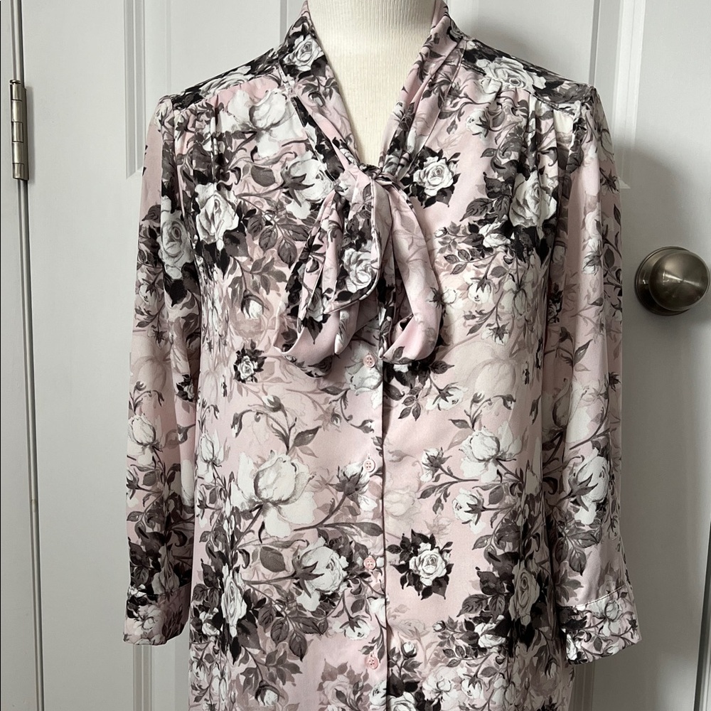 Floral Tie-Neck Blouse - Pink, Gray & White